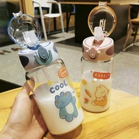cartoon fashion kids water bottles with straw transparent glass cup creative portable student drinking cup outdoor sports cups