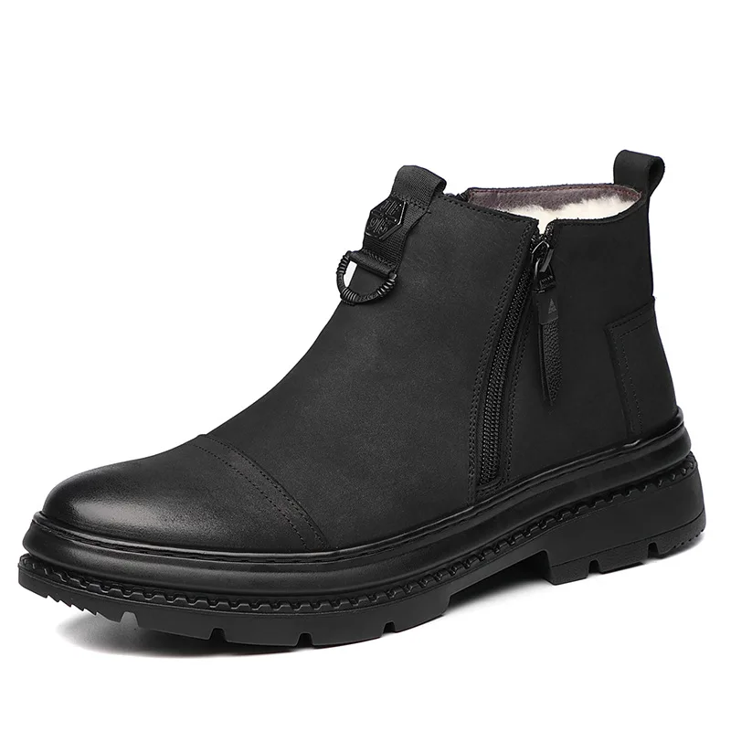 

A64 Calfskin Winter New Men's Cotton Shoes with Martin Upper Wool Warm Ankle Boots Chelsea Fashion Shoes Men Boots Boots Black