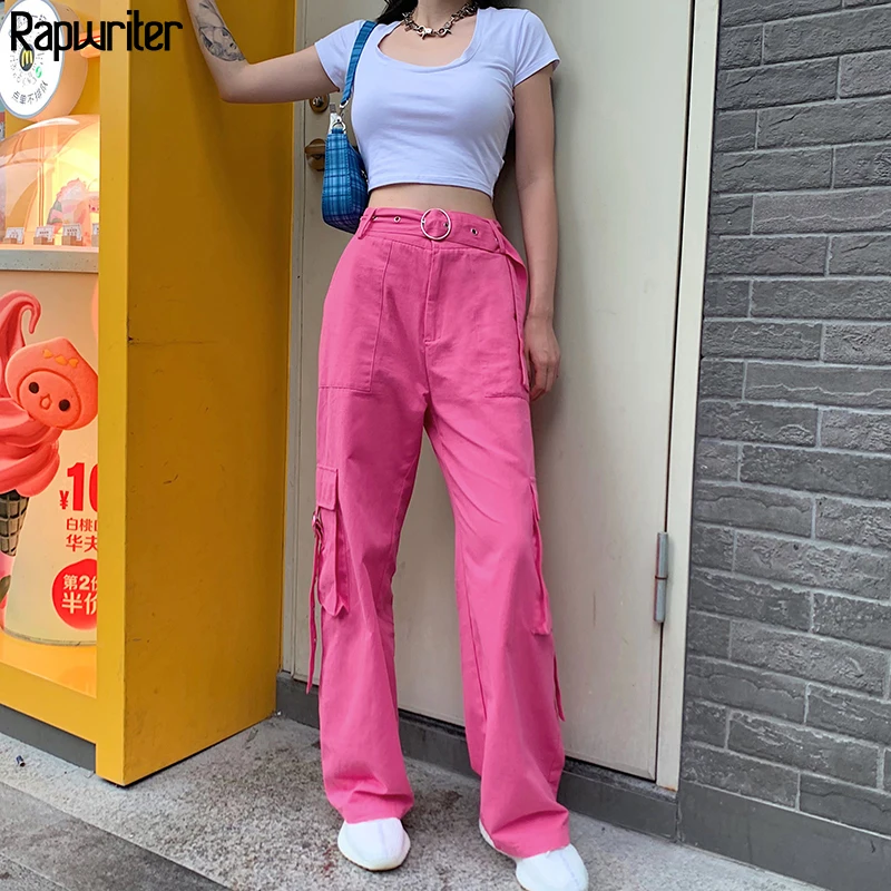 

Rapwriter Streetwear Loose Sashes Straight Pant Women 2021 High Waist Trousers Full Length Cargo Pant Pink Buttons Capris Pocket