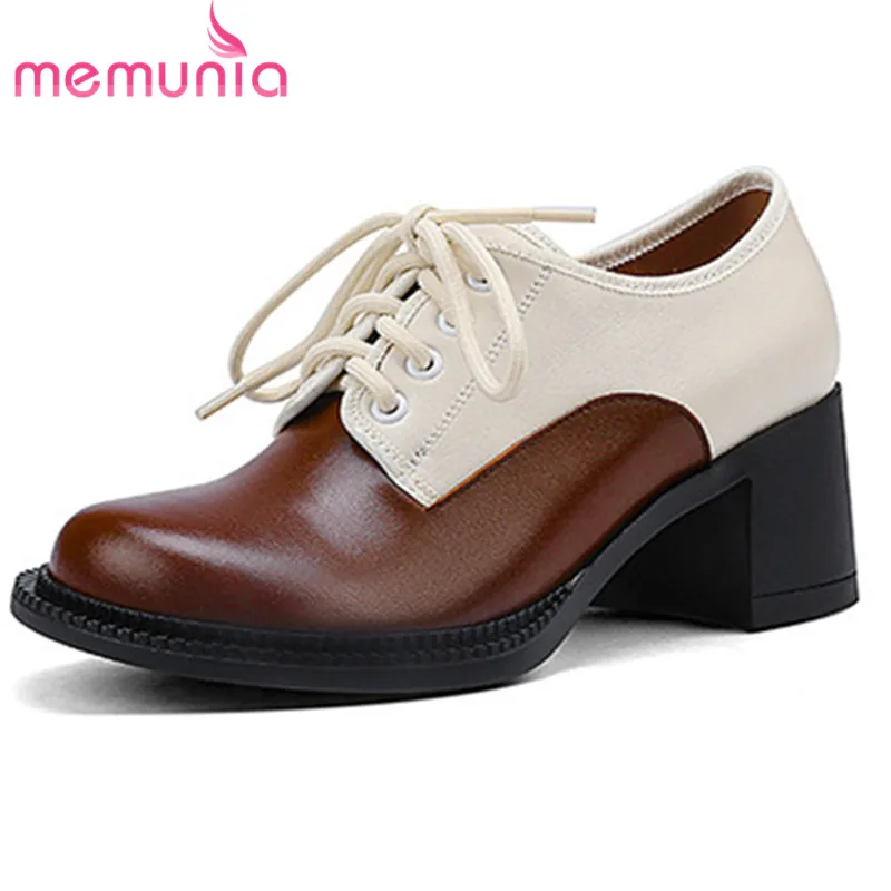 

MEMUNIA 2022 New Arrive Full Genuine Leather Shoes Women Pumps Loafers Lace Up Round Toe Mixed Colors High Heels Casual Shoes