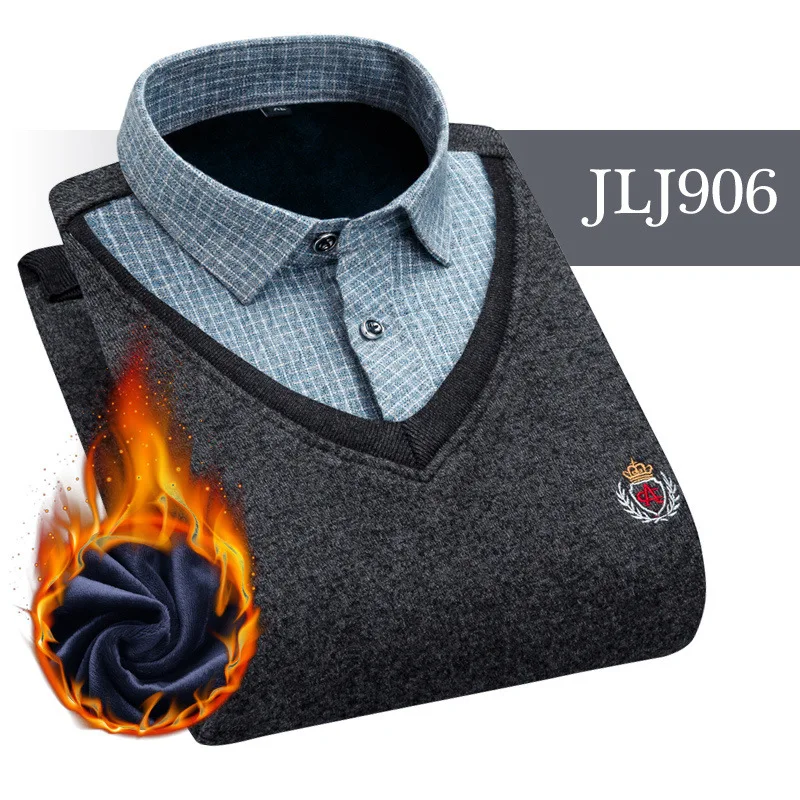 JLJ906 Мужская одежда, рубашки с вышивкой, в полоску, макет, из двух частей, платье, рубашка, имитация двойки, длинный рукав, толстый бархат, свитер, рубашки - Цвет: JLJ906
