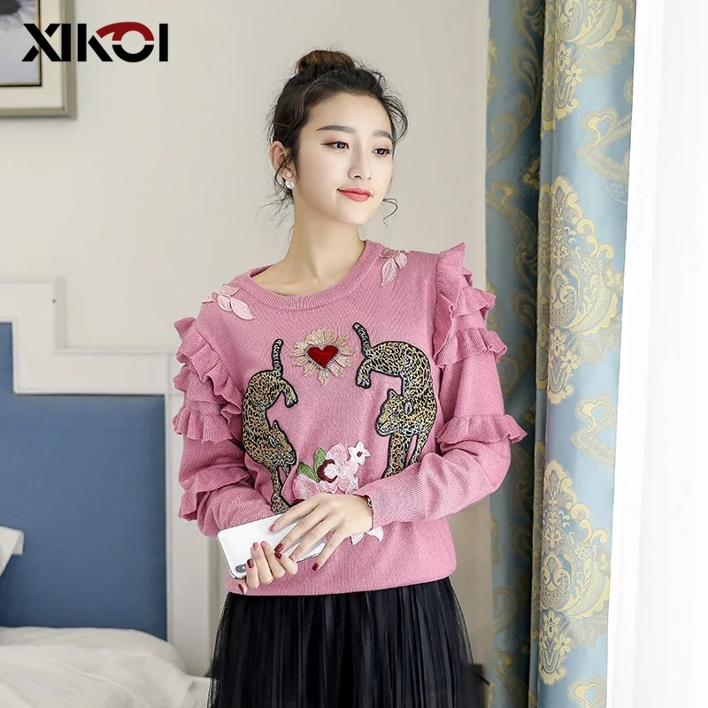 Женский свитер с вышивкой вязаные пуловеры длинным рукавом и оборками в виде