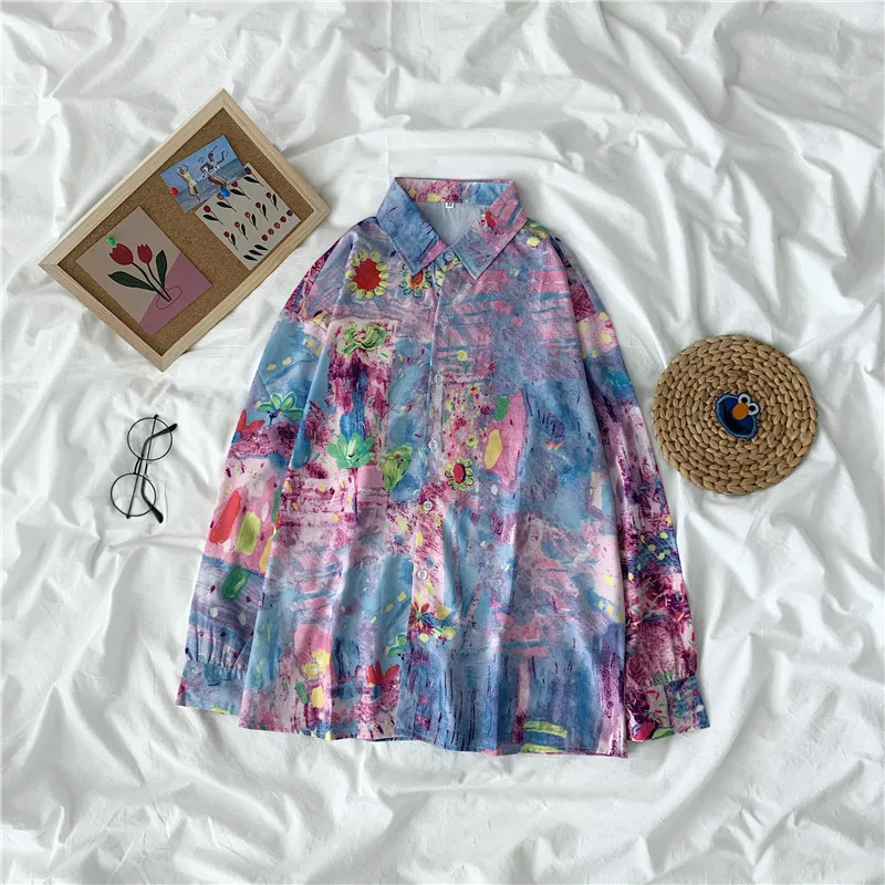 

EBAIHUI Long Sleeve Tie dye Blouse Women 2021 Plus Size Loose Women Shirts Blouses Casual Office Lady Button Shirt Tops Blusas