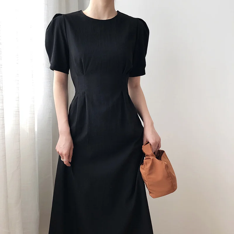 

Summer women's casual solid color round neck short sleeve slim dress Vestidos