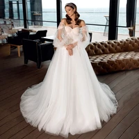 bridal gown design sweetheart appliques pleats detachable puffy sleeve lace up tulle a line wedding dress bridal gowns vestido