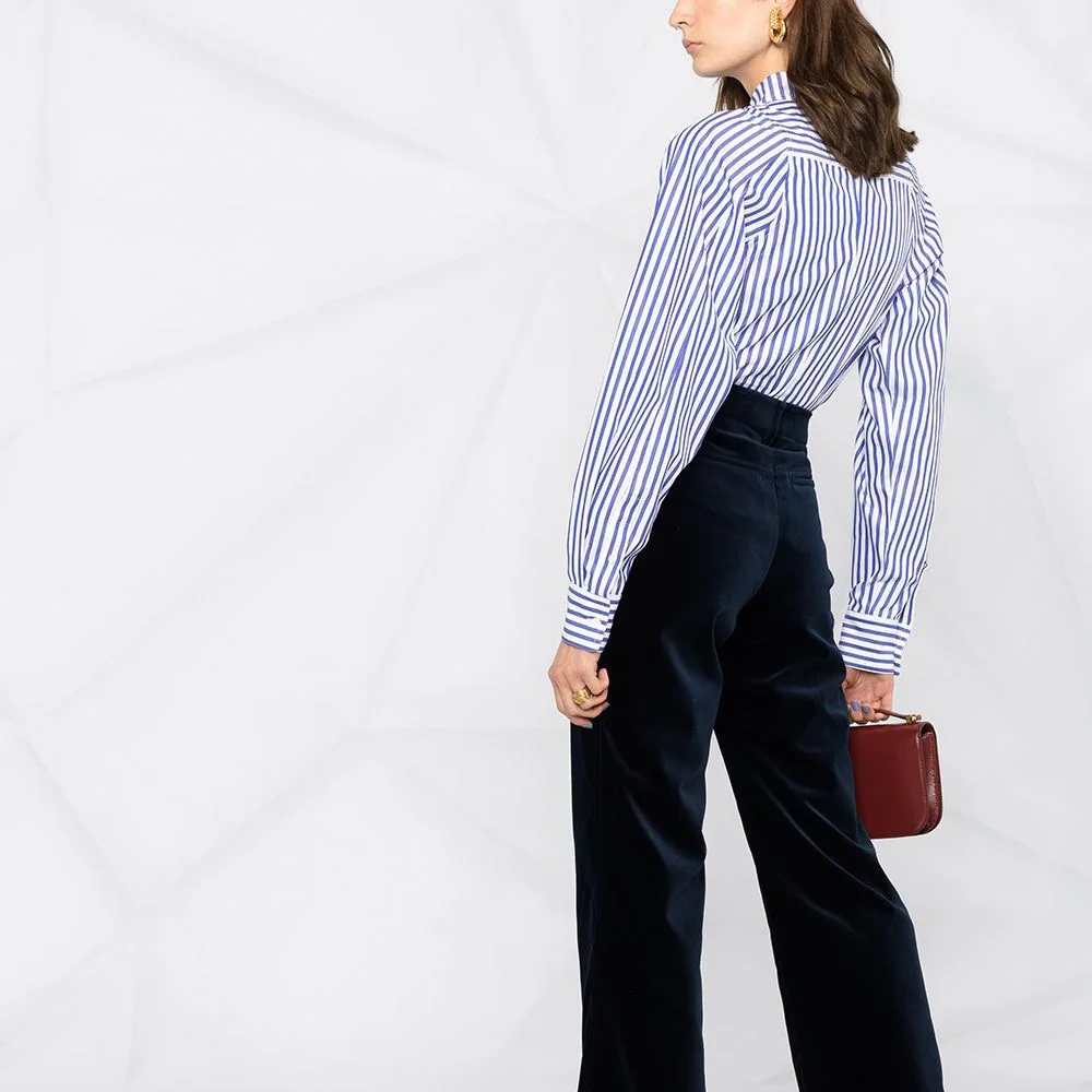 

2021 Early Spring New Product Fashion Butterfly Collar Single-breasted Blue and White Stripes Color Matching Long-sleeved Shirt