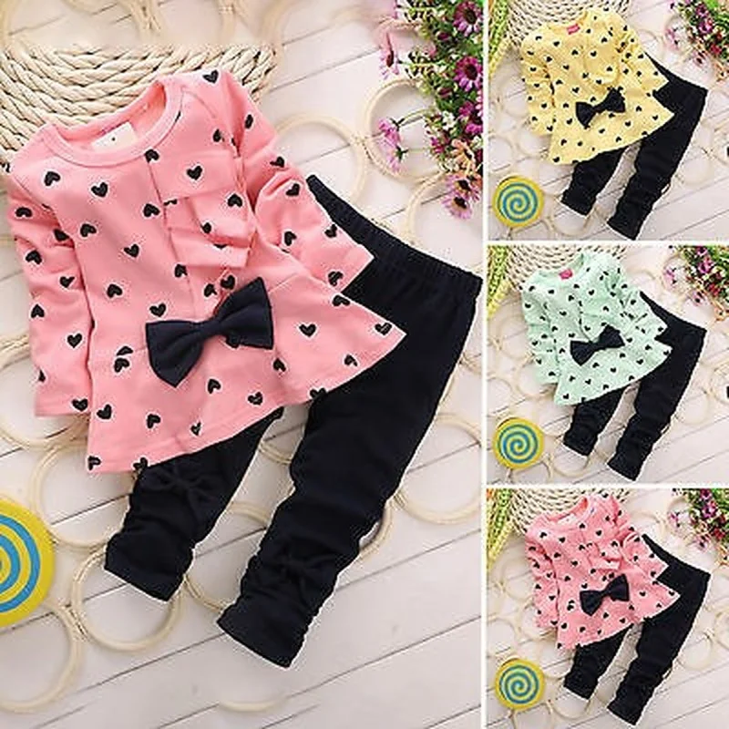 

Pink Heart Sets Kid Girls Long Sleeve Bowknot Shirt Long Pant Autumn Winter Toddler Clothing Outfits