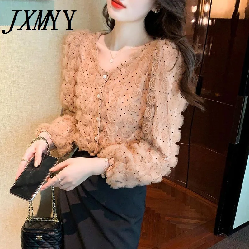JXMYY 2022 Spring New Fashion Three-Dimensional Flower Lace Bottoming Shirt Female V-Neck Design Elegant Temperament Blouse | Женская