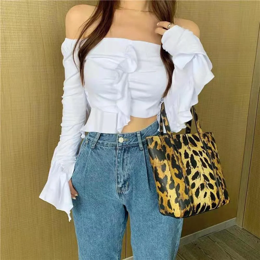 

Elegant Women's T Shirt Sexy Slash Neck Ruffle Long Sleeve Solid White Tops 2022 Autumn Casual Slim Office Lady Tee Shirts