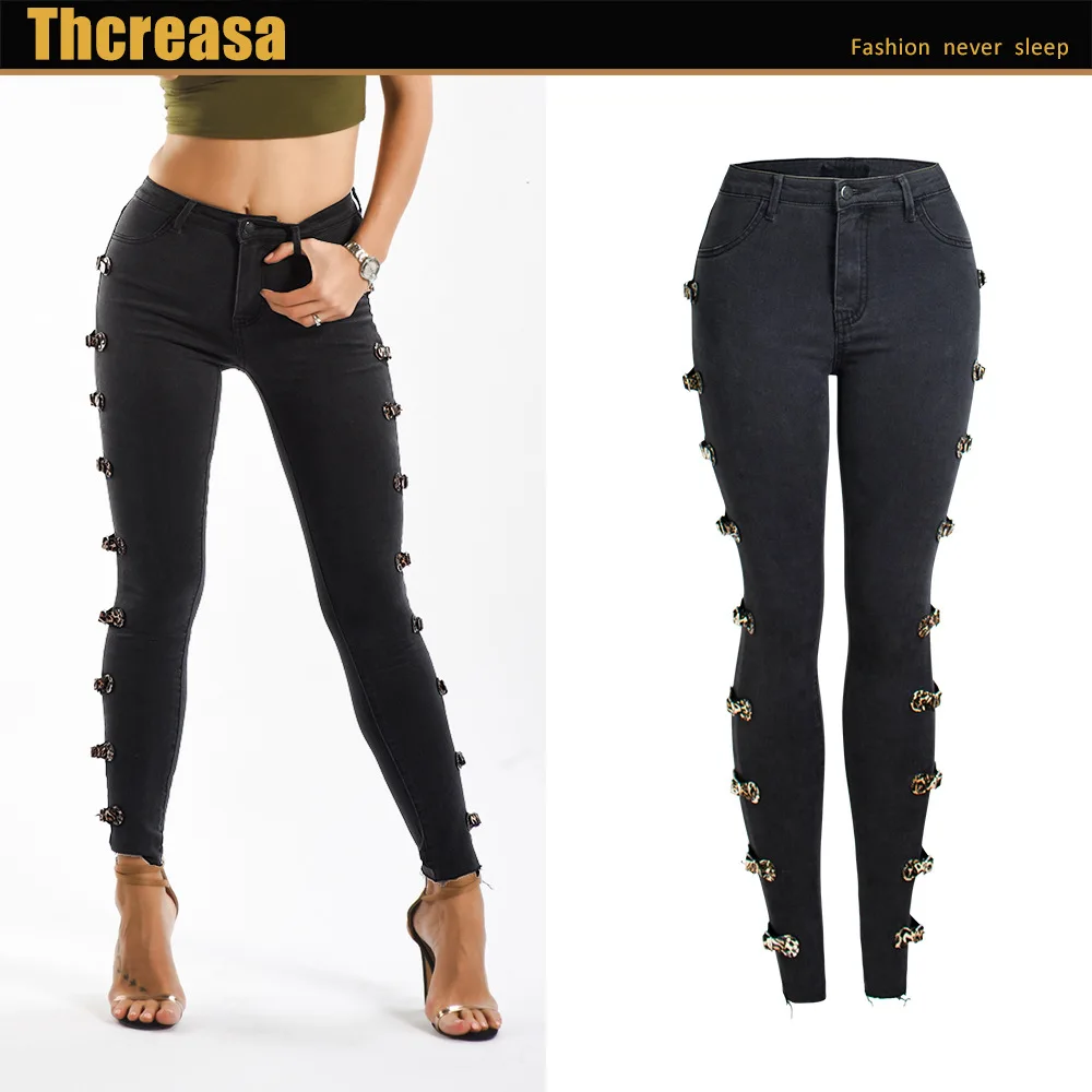Женские джинсовые брюки карандаш узкие с боковой пряжкой в европейском и