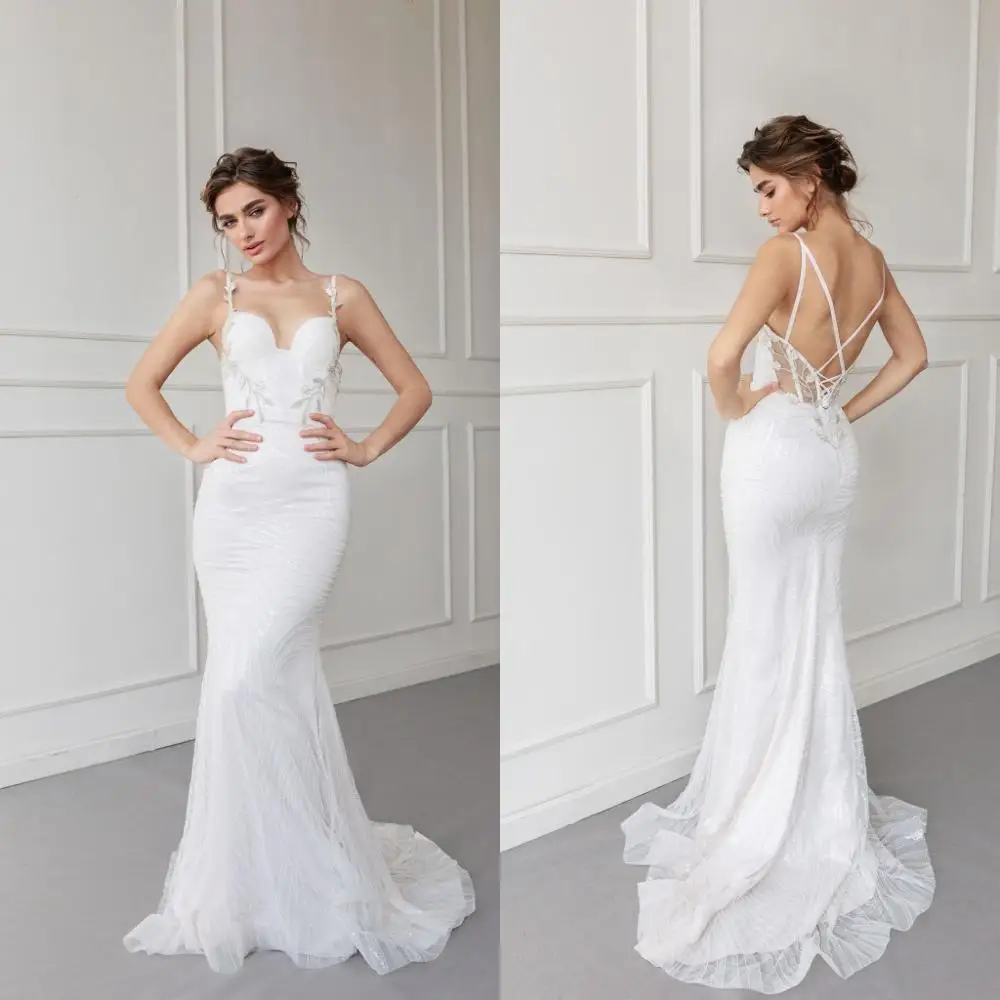 

2020 New Wedding Dresses Spaghetti Straps Lace Appliques Bridal Gowns Backless Sweep Train Mermaid Boho Wedding Dress