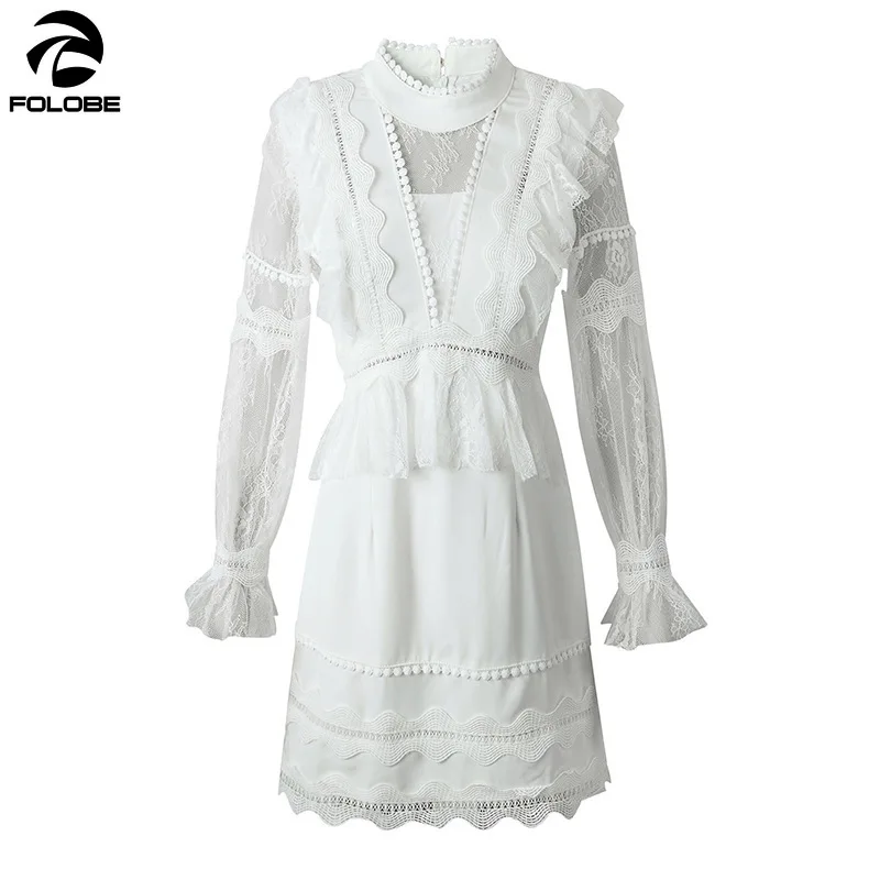 

FOLOBE 2021 Spring New Desinger High Quality Runway Dress Women Puff Sleeve White Lace Ruffles Layer Mimi Dress Chic Boho Dress