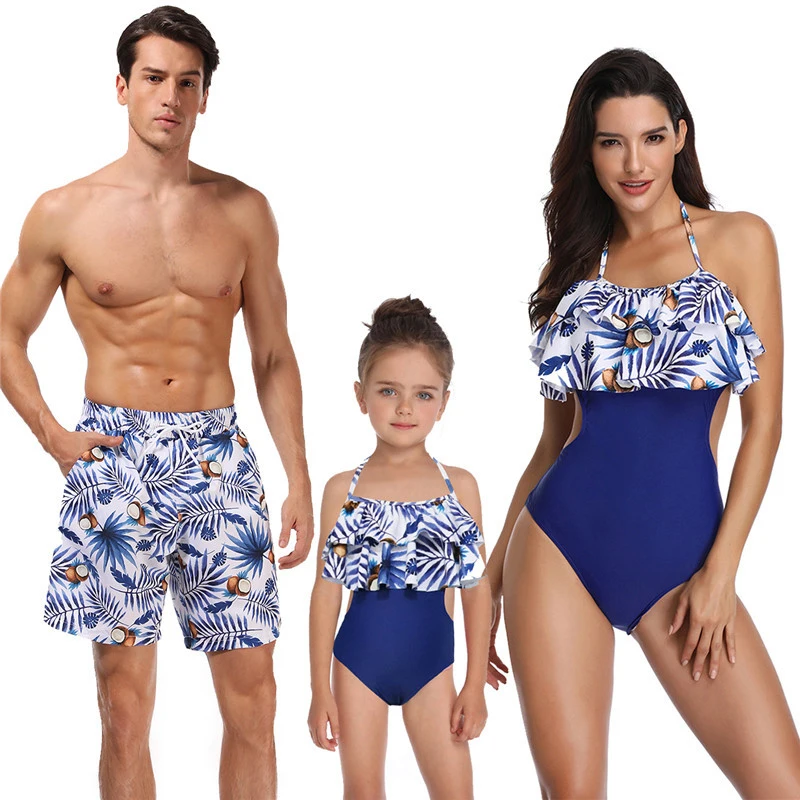 Family Matching Swimwear Mother Daughter Swimsuit Women Baby Girl One Piece Bathing Suit Father Son Swimwear Shorts