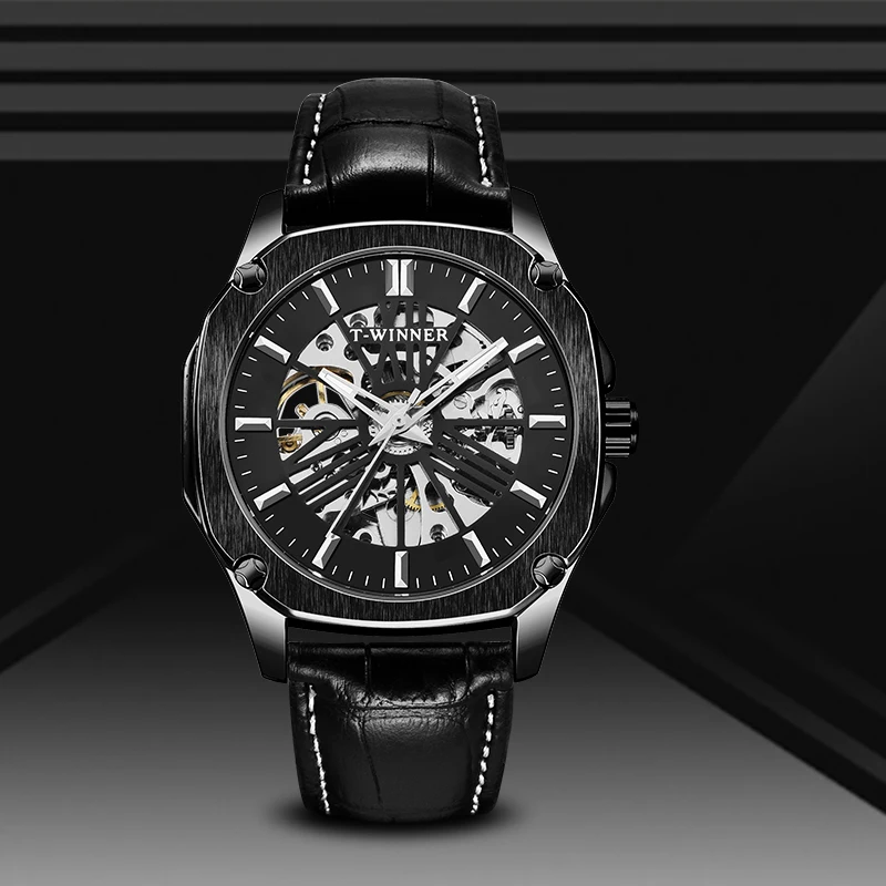 Классический победитель квадратный черный циферблат дизайн кожаный ремень