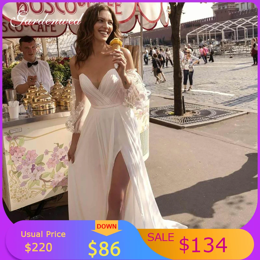 Пляжное свадебное платье цвета слоновой кости шифоновое для невесты с высоким