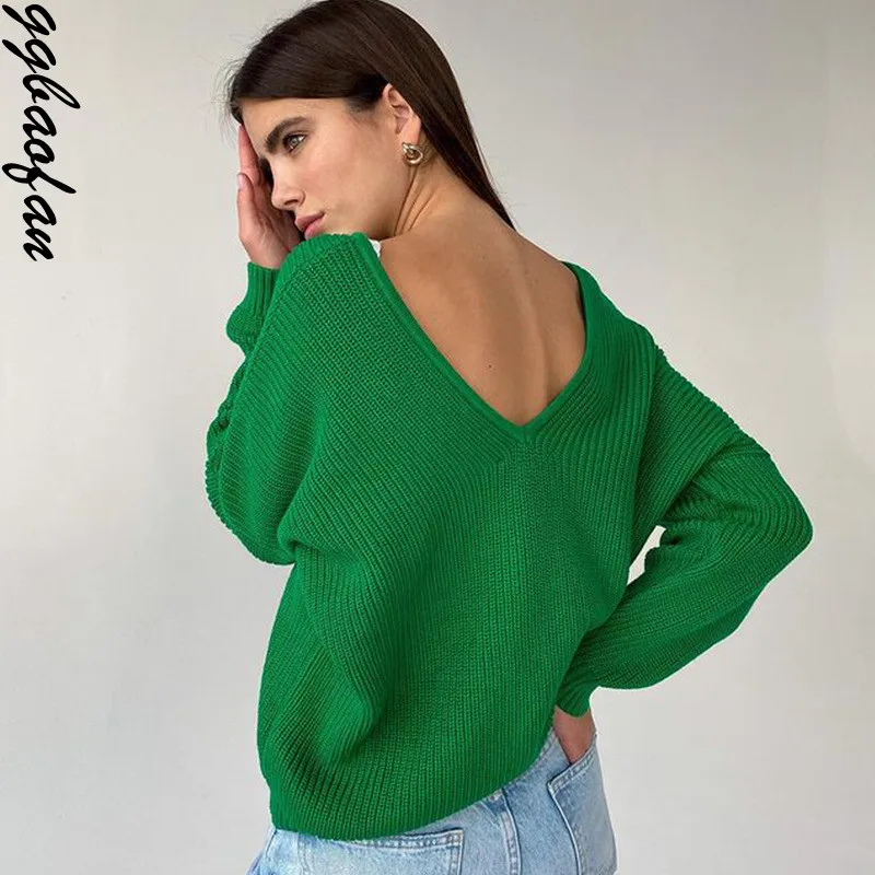 

Ggbaofan Fashion Green V-Neck Oversized Knitted Blue Sweaters Women Pink Loose Long Sleeve Pullover Sexy Sweater Clothes Winter