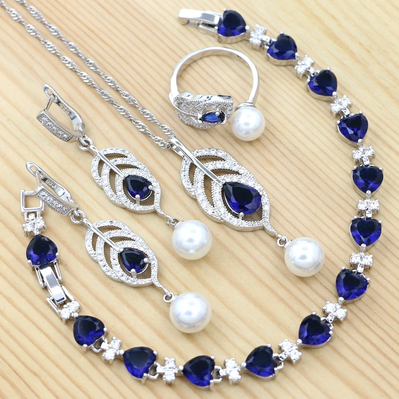 925 Серебряный набор украшений для женщин подарок на помолвку Синий Камень Белый