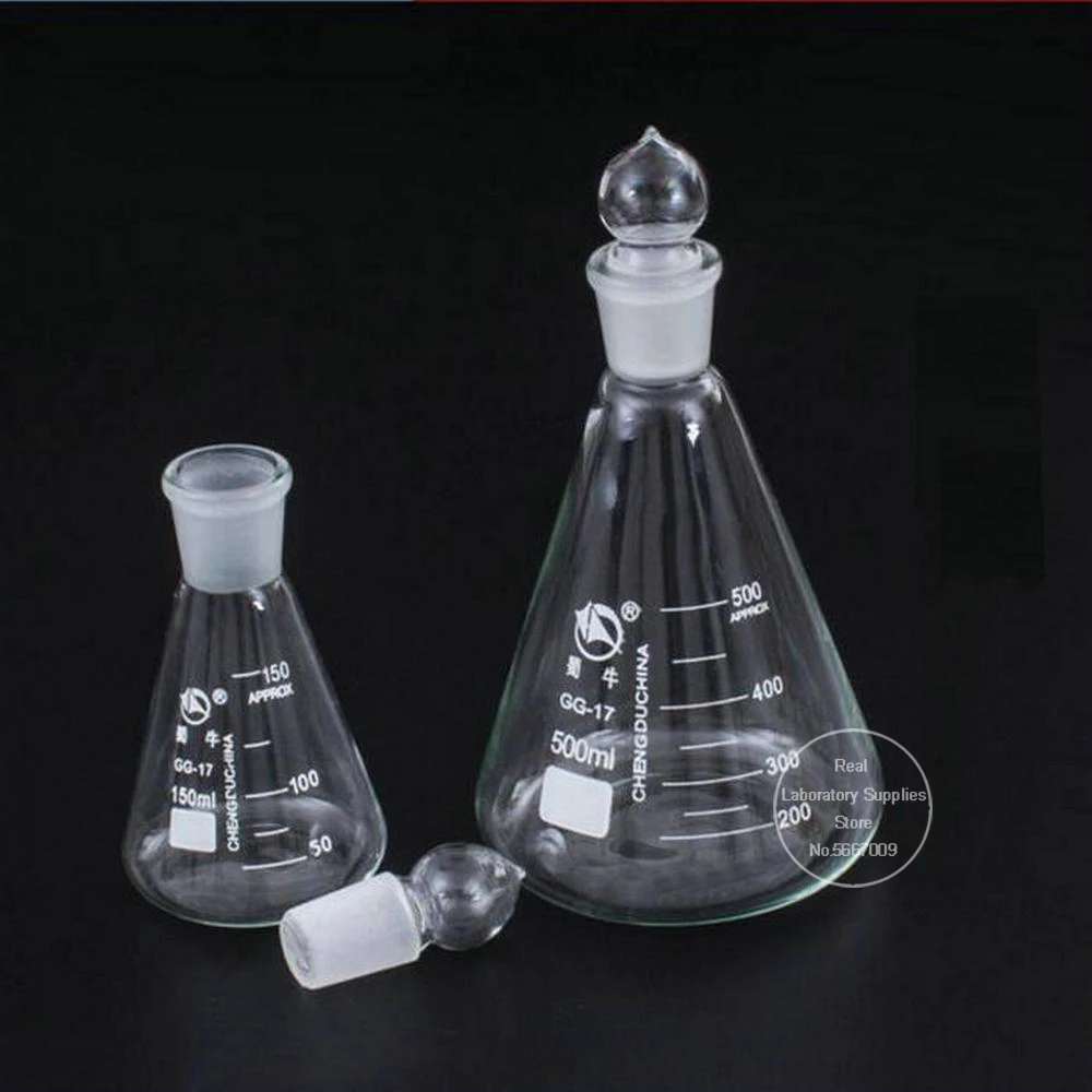 

50ml to 1000ml Lab Borosilicate Glass Erlenmeyer Conical Flask with #19 #24 #29 #34 Ground-in Stopper
