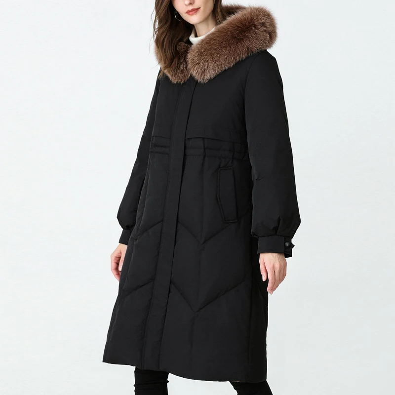 Женский длинный пуховик Janveny толстый на белом утином пуху с капюшоном из