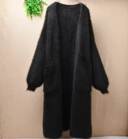 elegant casual winter long loose brown thicken mink cashmere long lantern sleeves angora rabbit fur cardigan sweater coat wrap