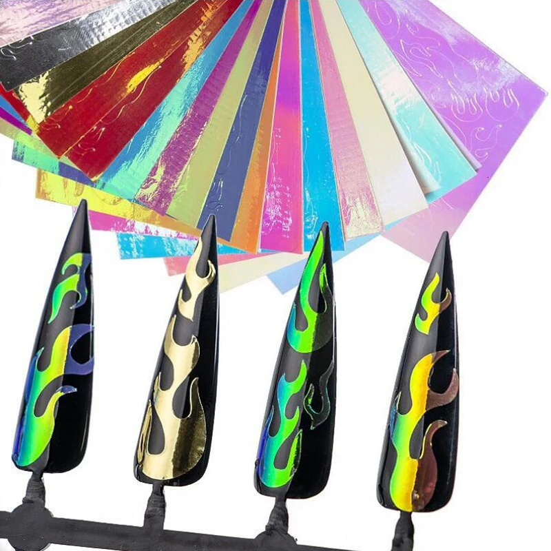 2PCS 3D Nail Art Decorations 6*8cm Flame Sticker Foil Golden Color Transfer Designs Water Decals Stickers Wraps | Красота и здоровье