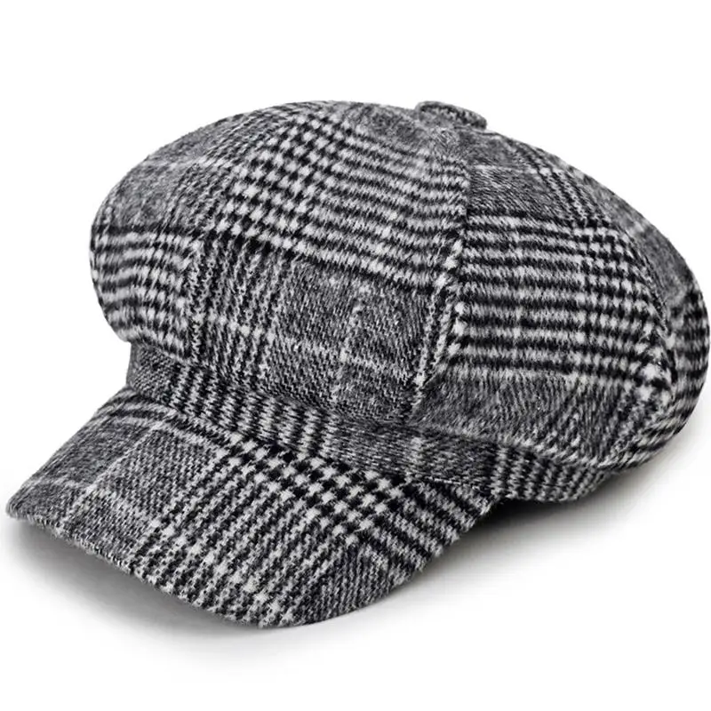 

Autumn Winter Fashion Beret Hat Women Houndstooth Felt Newsboy Artist Cap Retro Octagonal Military Hats wild leisure Wool Caps