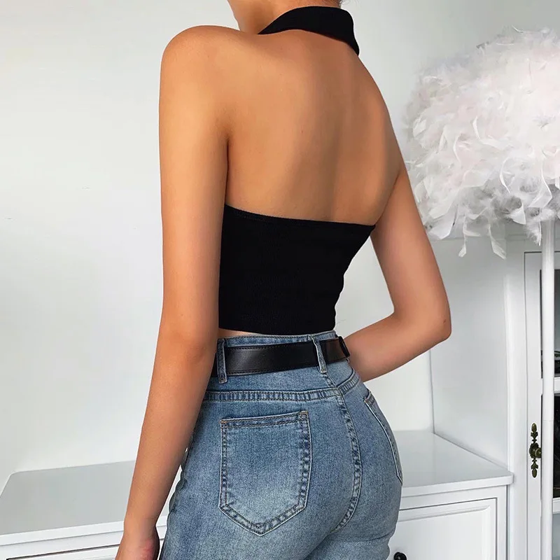 

Women Vest Black/white Sleeveless Sexy Summer Open Back Sexy Slim Breathable One Word Collar Vintage Tops Yoga Clothes 2021