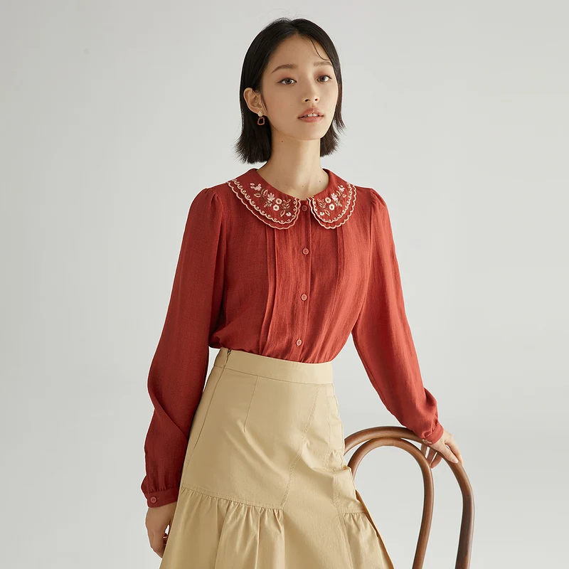 

INMAN Women's Blouse Spring Autumn Retro Red French Pastoral Style Flower Embroidered Lapel Cuffs Long Sleeve Women's Clothing