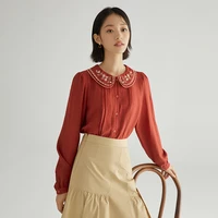 inman womens blouse spring autumn retro red french pastoral style flower embroidered lapel cuffs long sleeve womens clothing