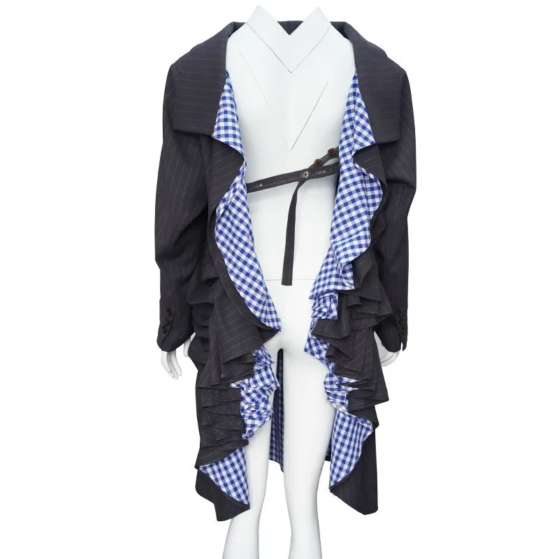 

[EAM] 2021 New Spring Summer Long Backless Plaid Printed Ruffles Big Size Striped Printed Shirt Women Blouse Fashion Tide JQ371