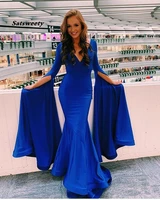2021 fashion royal blue long bell sleeves evening dresses v neck mermaid prom gowns custom made satin special occasion dresses