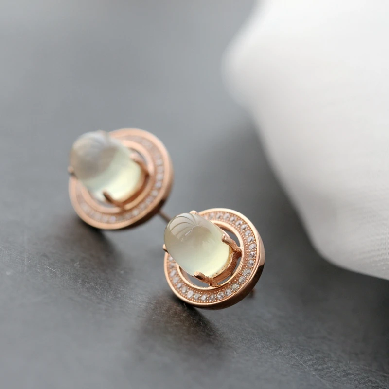 Серьги женские эллиптические из настоящего серебра 925 пробы с натуральным Пренит