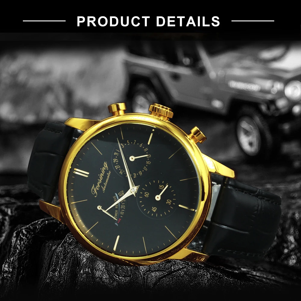 FORSINING крутые черные автоматические механические мужские часы с резервным