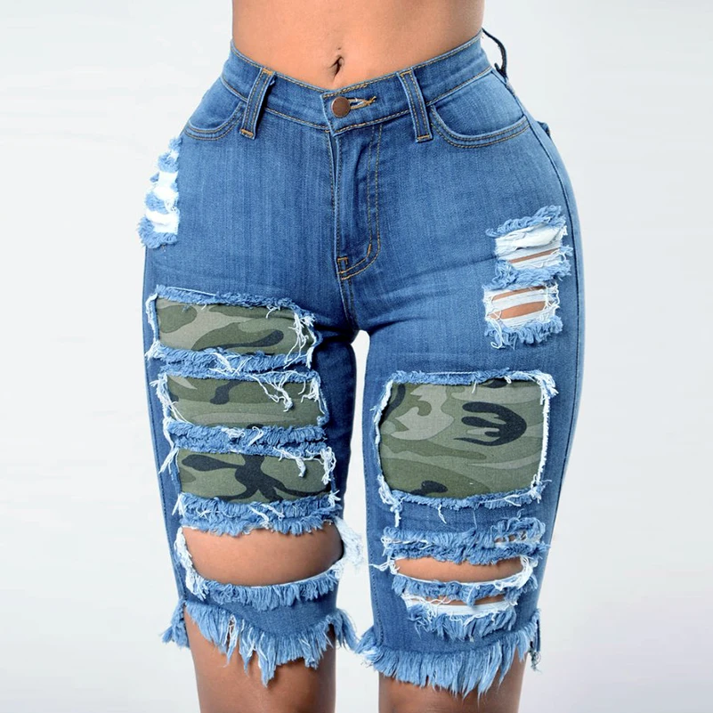 

Hole Denim Pocket Style High Waist Women Jeans 2020 Summer Ripped Clothing Casual Slim Blue Girls Fashion Cotton Pants Slim New