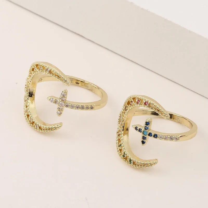 

High Quality Multicolor Cubic Zircon Gold Plated Ring Hollow Moon Star Crystal Resizable Adjustable Rings for Women Girls 18K