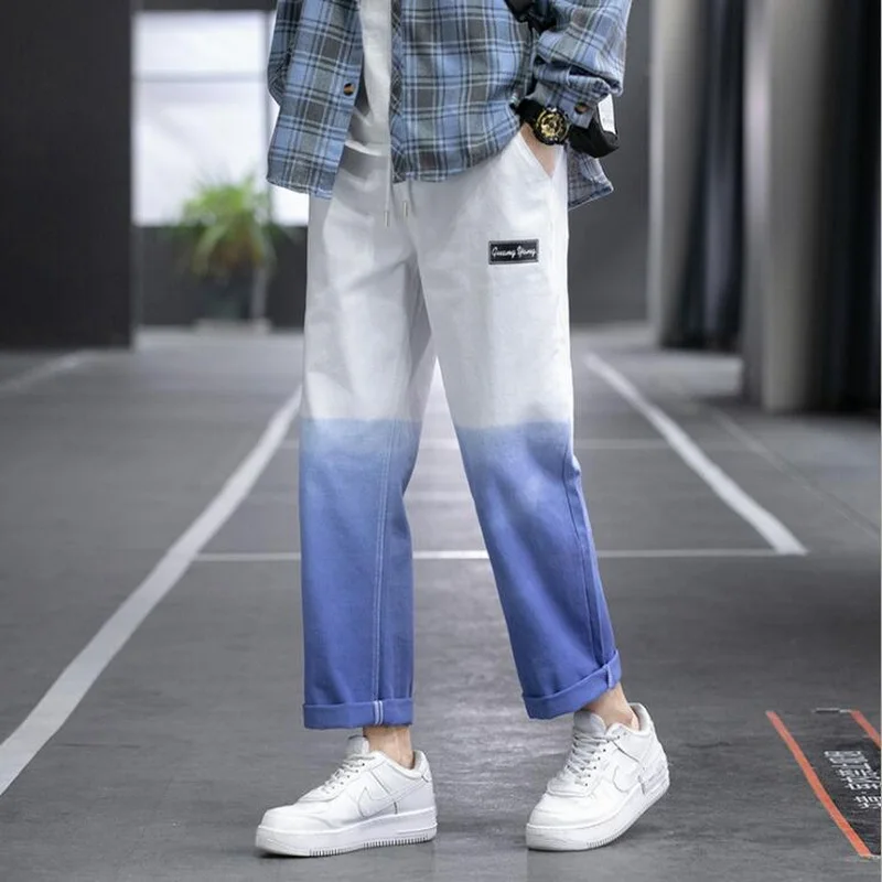 Men Jeans Cropped Fashion Gradient Color Drawstring Casual Denim Pants Male Streetwear Baggy Jeans Trousers