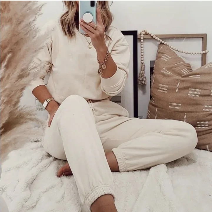

2020 New Spring Autumn Women Two-piece Fashion Soild Color Round Neck Long Sleeve Loose Pullovers Female Casual Pants Suit