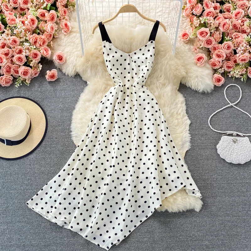 

Модное Белое Женское платье в горошек на бретельках, новинка 2021, летние облегающие платья-комбинации без рукавов с асимметричным подолом