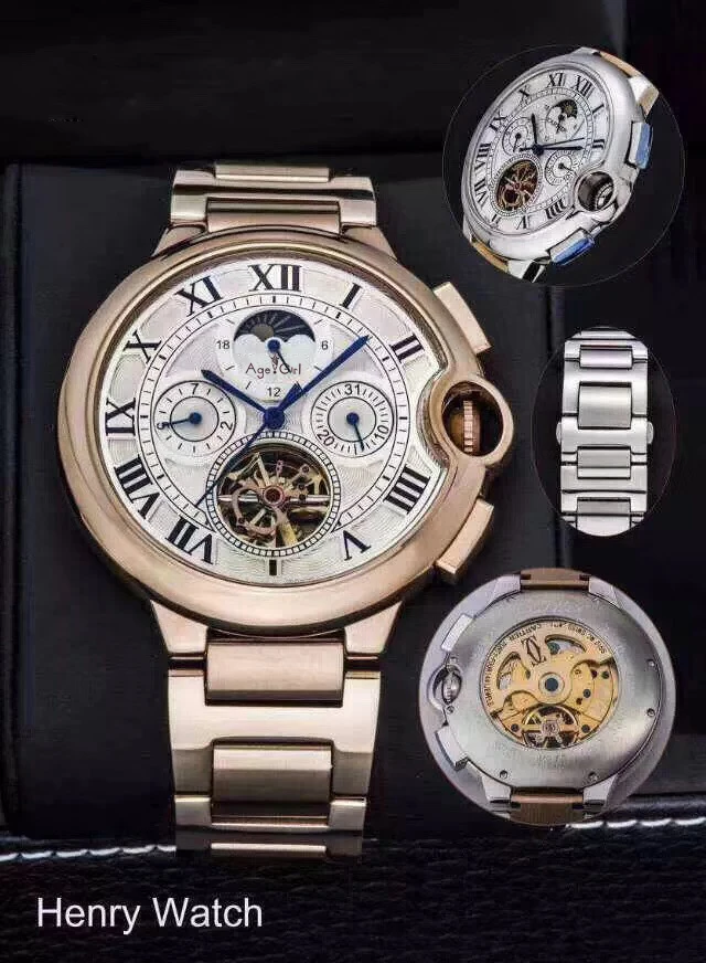 Rose Gold White Роскошные брендовые новые мужские часы с сапфиром, автоматические механические часы из розового золота и нержавеющей стали с турбином, скелетом, фазой Луны, часы AAA - Цвет: Rose Gold White