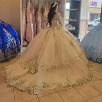 champagne new ball gowns quinceanera dresses sequined beading sweetheart long sleeve princess vestidos de fiesta