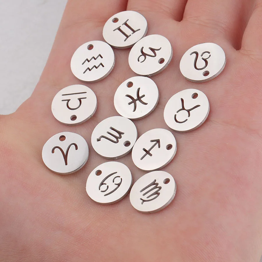 

24pcs Stainless Steel 12mm Round Disc Twelve Zodiac Charms DIY 12 Constellation Charms for Making Jewelry