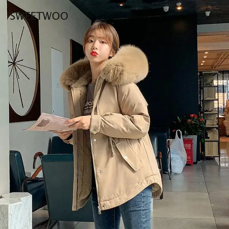 2021 New Fashion Velvet Liner Winter Jacket Women Big Fur Hooded Parkas Female Jacket Coat Warm Casual Loose Winter Outwear