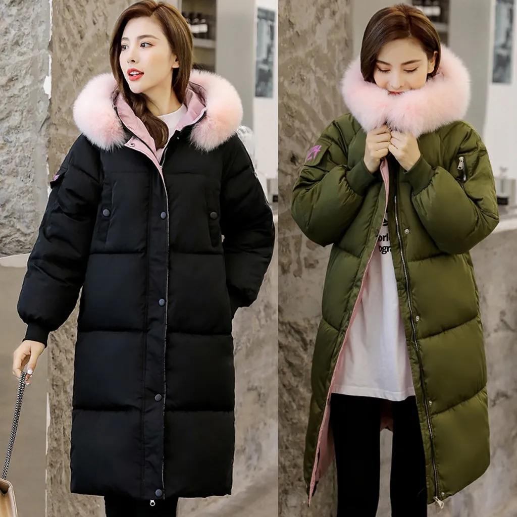 

Pink fur collar 2019 long buckle thicker women button pocket Jacket Cotton Padded plush lining Ladies Coat Parka Womens Jackets