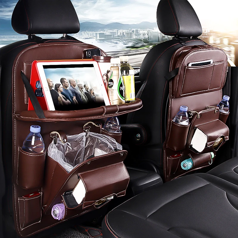 

Pu Leather Car Seat Back Organizer Tray Travel Car Storage Organizer Pad Bag With Foldable Table Car Trash Can Auto Accessories