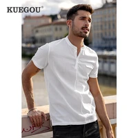 kuegou cotton spandex mens short sleeve t shirt fashion simple stand collar patchwork tshirt for men summer teetop dt 5735