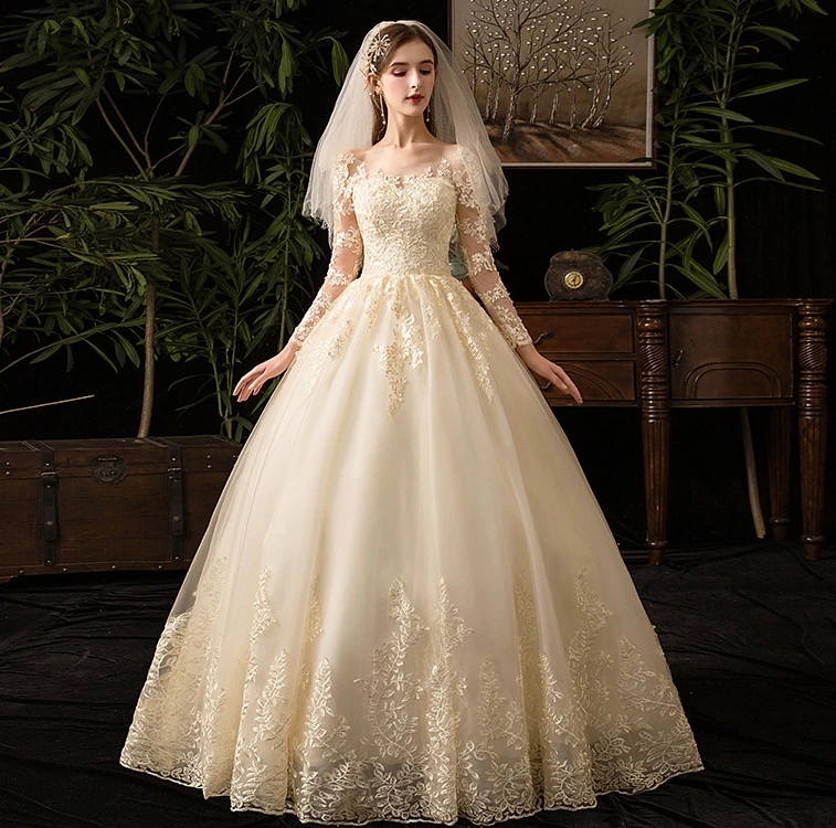 2020 Новое Кружевное платье цвета шампанского с длинным рукавом для свадебной