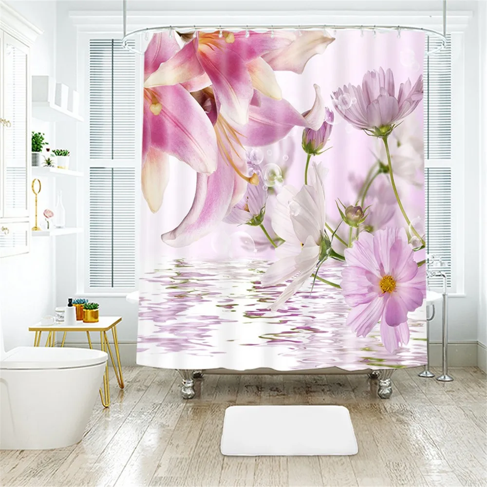 

Washable Bath Screen Curtains with Hooks High Quality Polyester Shower Curtain In The Bathroom Home Decoration Flowers Prints