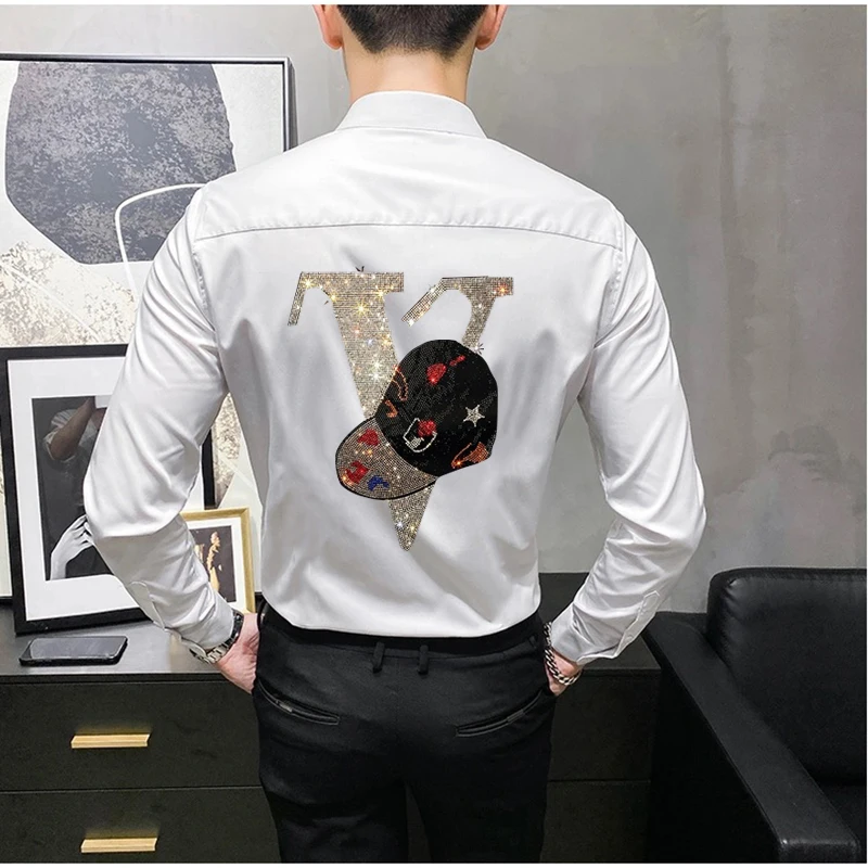 Shirts For Men 2021 Style Autumn Button Design Tops Business Long-Sleeved Rhinestone Skull Brand White Clothes M To 4XL
