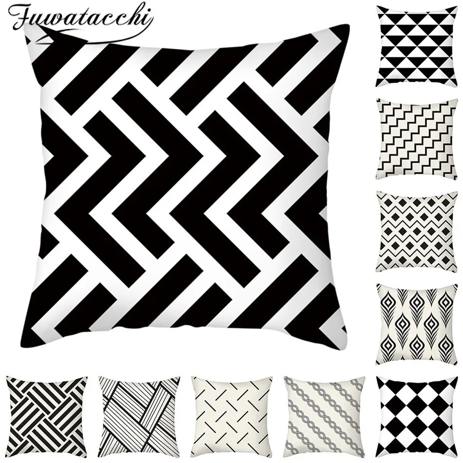 

Fuwatacchi Geometric Pattern Cushion Cover Polyester Black White Pillow Cover for Car Sofa Home Room Decorative Pillowcase