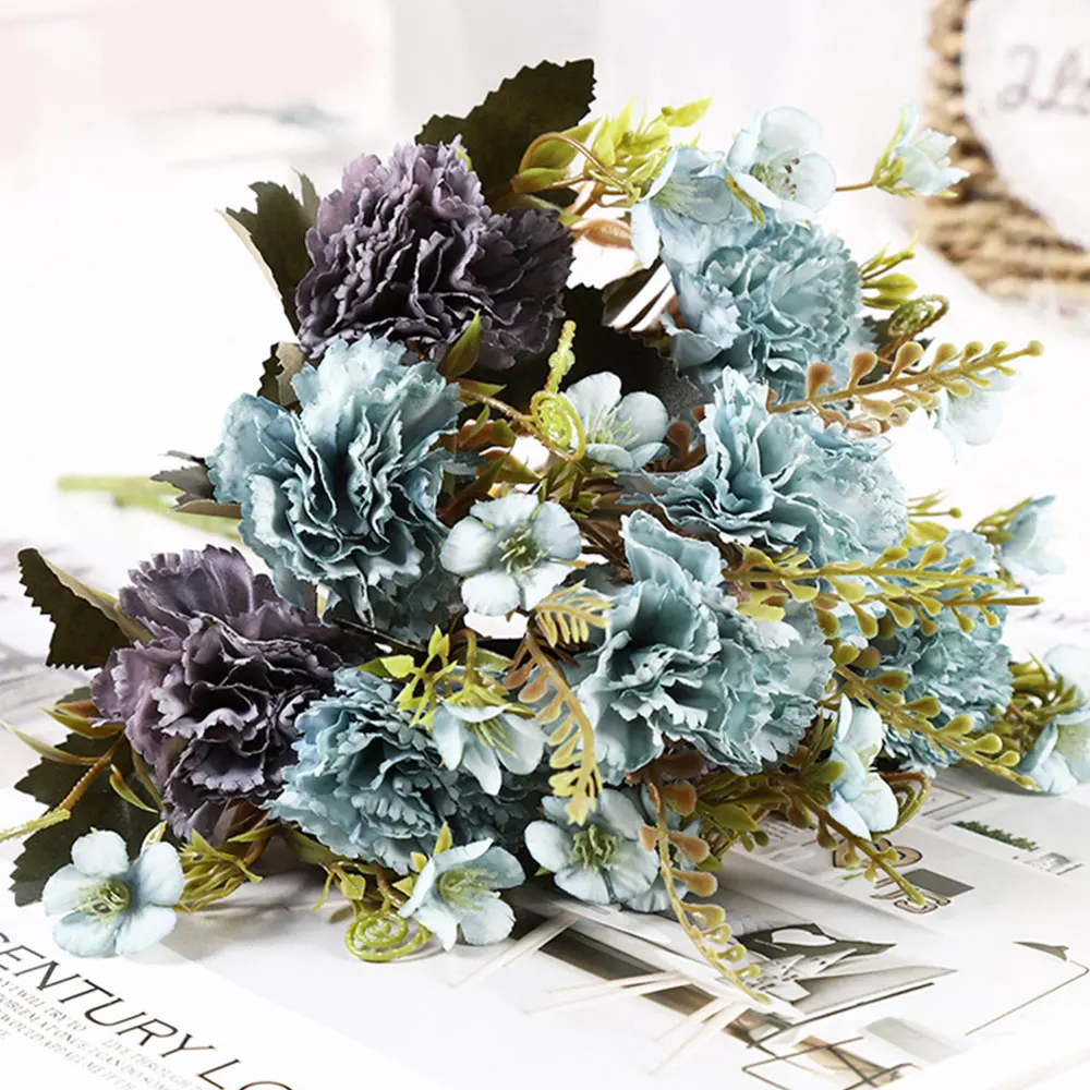 Искусственные цветы гвоздики шелковые лепестки для свадеб букет 5 ветвей домашний стол центральный